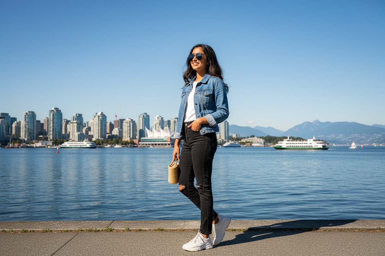 indian girl, 19 years age, wearing denim jacket, Black shades, posing sideways, vancouver waterfront background, summer season