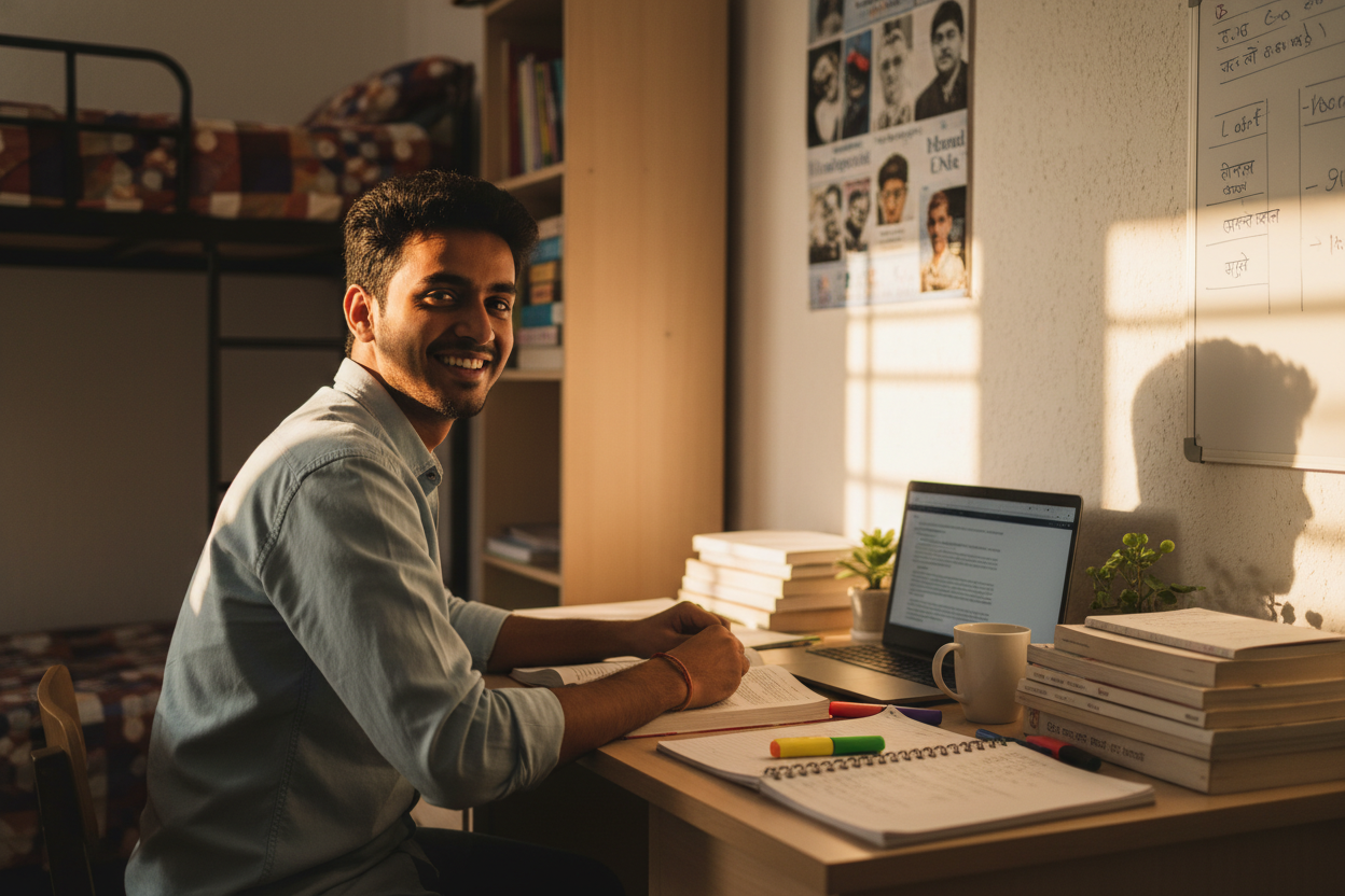 Side shot of an indian student studying on a table in a hostel room. Student is facing towards the camera and smiling